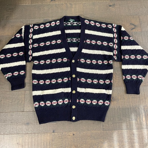 VTG Men’s Wool Navy Blue‎ Fair Isle Christmas Grandpa Cardigan Sweater M - Picture 9 of 9